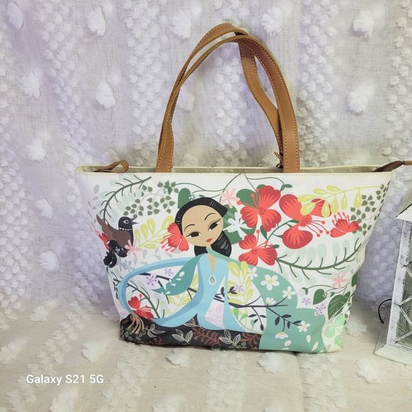Sepiring Indonesia Girl Birds Of Paradise Floral Fabric Leather Tote Hawaii RARE - Picture 1 of 10